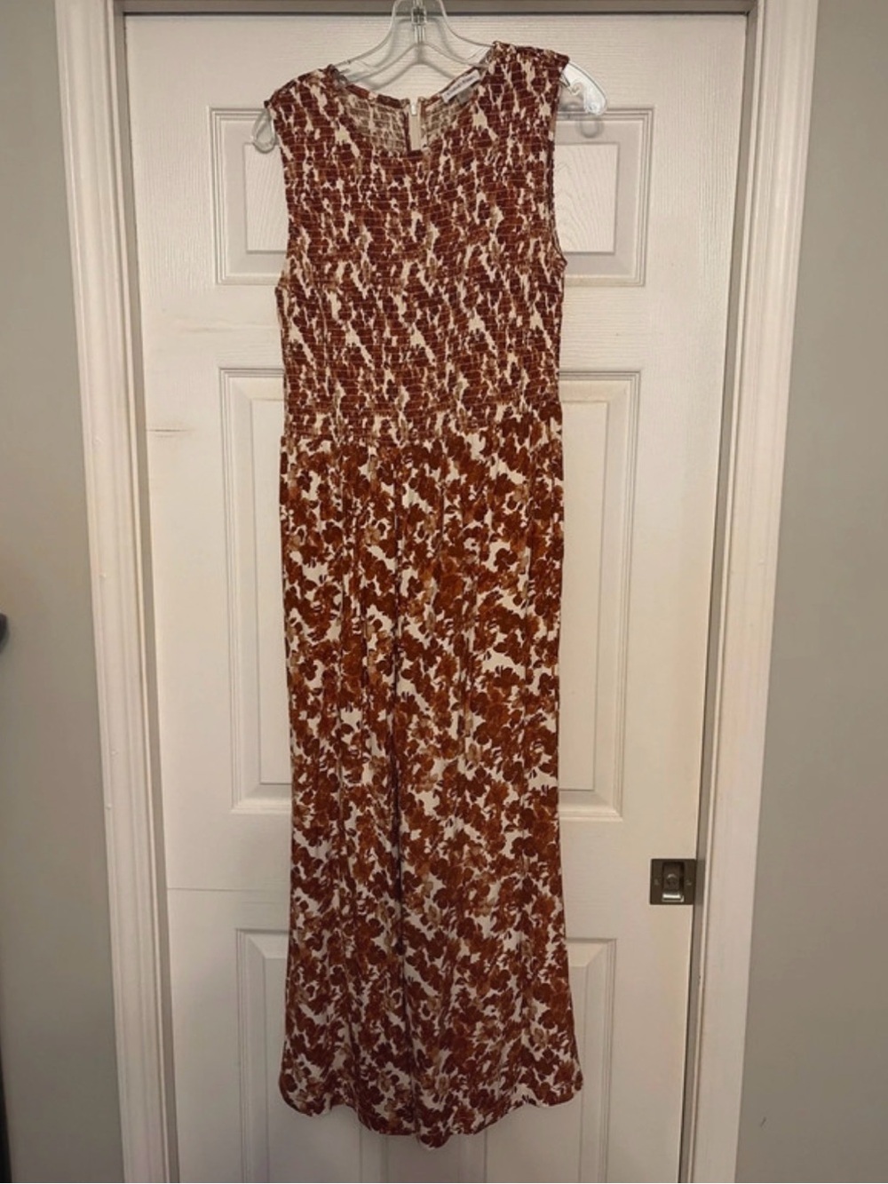Calvin Klein Rust and Cream Floral Smocked Jumpsuit